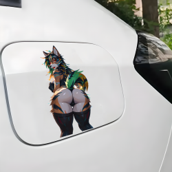 Furry Girl with Lamborghini, weather-proof sticker for camping gear, coolers, and lanterns.