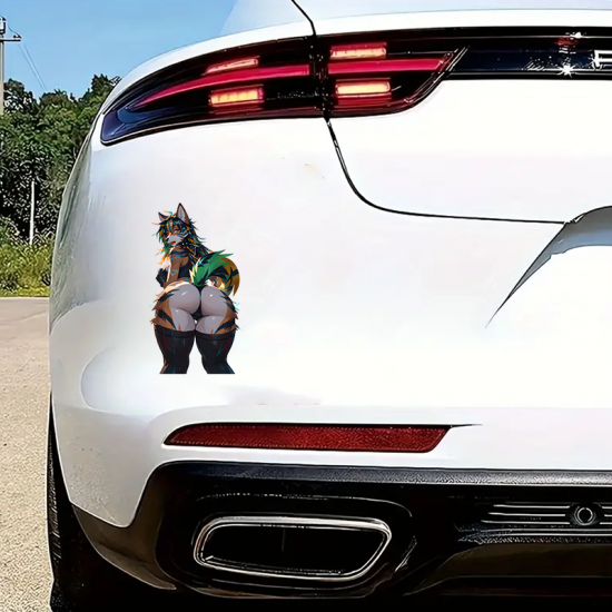 Furry Girl with Lamborghini, weather-proof sticker for camping gear, coolers, and lanterns.