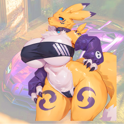 Furry Anthro Character with Lamborghini Background Art, suitable for decorating envelopes, letters, and invitation cards.