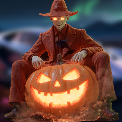 Halloween Man on Pumpkin Statue, vibrant colors perfect for art projects, collages, and crafts.