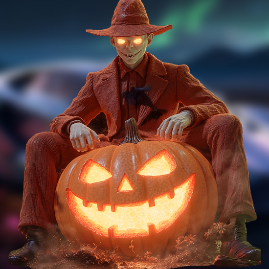 Halloween Man on Pumpkin Statue, vibrant colors perfect for art projects, collages, and crafts.