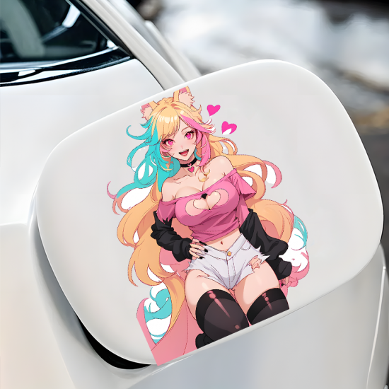 Anime Girl with Fox Ears - Pink Outfit, great for adding a pop of color to your fridge or freezer.