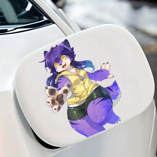 Purple Furry Character with Yellow Hoodie, ideal for personalizing your workspace, desk, monitor, and keyboard.