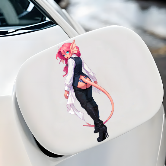 Pink-haired Anime Girl in Vest with Tail, excellent for decorating bedroom doors, lockers, and furniture.