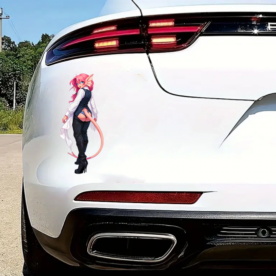 Pink-haired Anime Girl in Vest with Tail, excellent for decorating bedroom doors, lockers, and furniture.