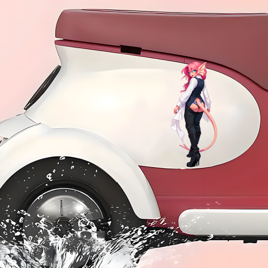 Pink-haired Anime Girl in Vest with Tail, excellent for decorating bedroom doors, lockers, and furniture.