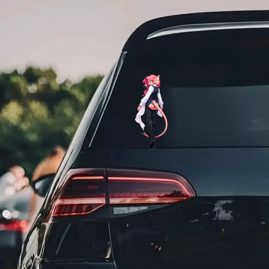 Pink-haired Anime Girl in Vest with Tail, excellent for decorating bedroom doors, lockers, and furniture.