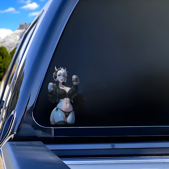Coffee Demon Girl Car Decal, suitable for hard luggage, carry-ons, and travel accessories. Vinyl car decals suitable for cars, motorcycles, laptops, computers, backpacks, water bottles, and more.