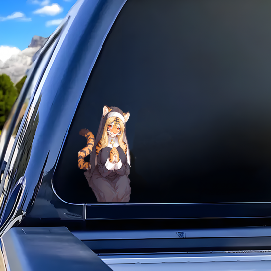 Tiger Nun Anime Sticker Decal, great for decorating notebooks, journals, scrapbooks, and gift packages. Vinyl car decals suitable for cars, motorcycles, laptops, computers, backpacks, water bottles, and more.