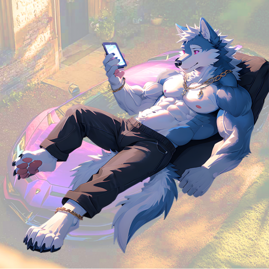 Muscular Furry Wolf Relaxing With Phone Sticker, residue-free removal, perfect for rented spaces and laptops. Vinyl car decals suitable for cars, motorcycles, laptops, computers, backpacks, water bottles, and more.