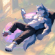 Muscular Furry Wolf Relaxing With Phone Sticker, residue-free removal, perfect for rented spaces and laptops. Vinyl car decals suitable for cars, motorcycles, laptops, computers, backpacks, water bottles, and more.