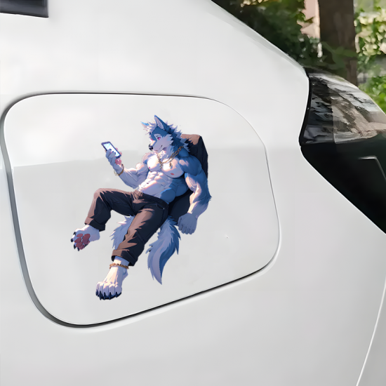 Muscular Furry Wolf Relaxing With Phone Sticker, residue-free removal, perfect for rented spaces and laptops. Vinyl car decals suitable for cars, motorcycles, laptops, computers, backpacks, water bottles, and more.