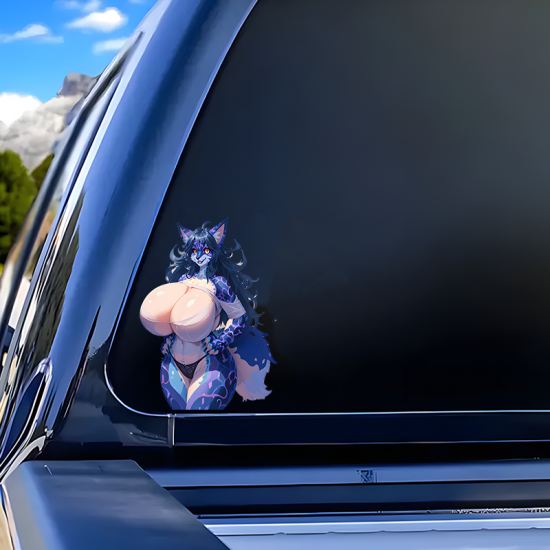 Anthro Fox Girl with Purple Car Sticker, great for DIY projects, greeting cards, and holiday decorations. Vinyl car decals suitable for cars, motorcycles, laptops, computers, backpacks, water bottles, and more.