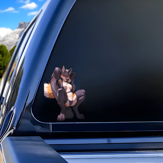 Sexy Furry Fox Girl with Purple Car Sticker, suitable for hard luggage, carry-ons, and travel accessories. Vinyl car decals suitable for cars, motorcycles, laptops, computers, backpacks, water bottles, and more.