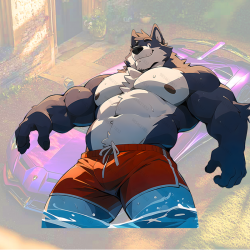 Muscular Wolf Furry in Swim Trunks Sticker, durable sticker for toolboxes, hard hats, and construction gear. Vinyl car decals suitable for cars, motorcycles, laptops, computers, backpacks, water bottles, and more.