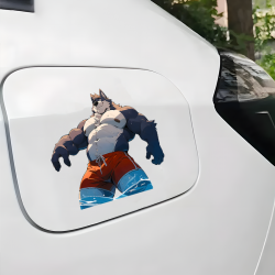 Muscular Wolf Furry in Swim Trunks Sticker, durable sticker for toolboxes, hard hats, and construction gear. Vinyl car decals suitable for cars, motorcycles, laptops, computers, backpacks, water bottles, and more.