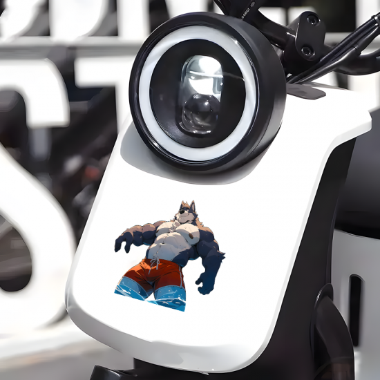 Muscular Wolf Furry in Swim Trunks Sticker, durable sticker for toolboxes, hard hats, and construction gear. Vinyl car decals suitable for cars, motorcycles, laptops, computers, backpacks, water bottles, and more.