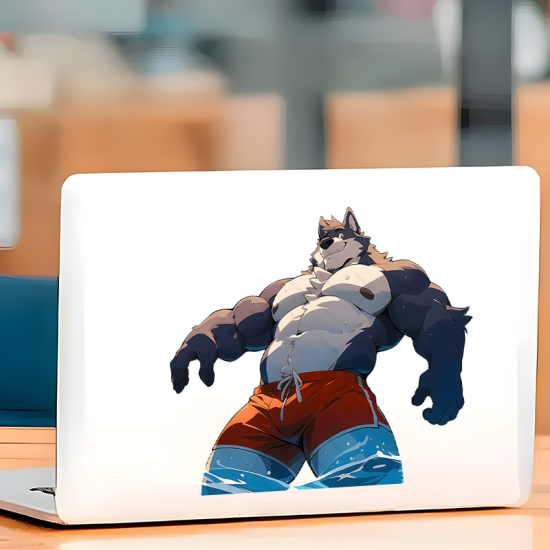 Muscular Wolf Furry in Swim Trunks Sticker, durable sticker for toolboxes, hard hats, and construction gear. Vinyl car decals suitable for cars, motorcycles, laptops, computers, backpacks, water bottles, and more.