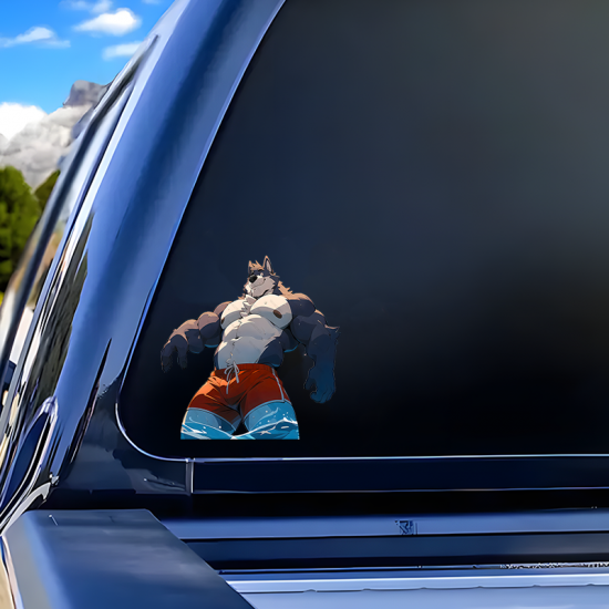 Muscular Wolf Furry in Swim Trunks Sticker, durable sticker for toolboxes, hard hats, and construction gear. Vinyl car decals suitable for cars, motorcycles, laptops, computers, backpacks, water bottles, and more.