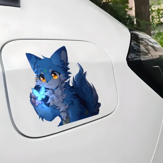 Blue Anime Fox with Butterfly Sticker, suitable for smooth surfaces like glass, mirrors, windows, and tiles. Vinyl car decals suitable for cars, motorcycles, laptops, computers, backpacks, water bottles, and more.