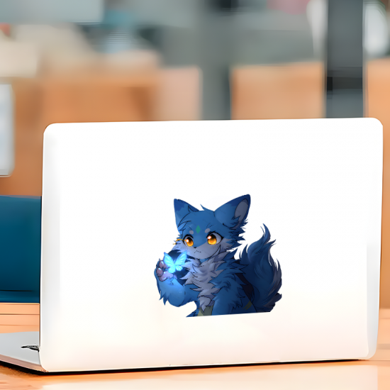 Blue Anime Fox with Butterfly Sticker, suitable for smooth surfaces like glass, mirrors, windows, and tiles. Vinyl car decals suitable for cars, motorcycles, laptops, computers, backpacks, water bottles, and more.