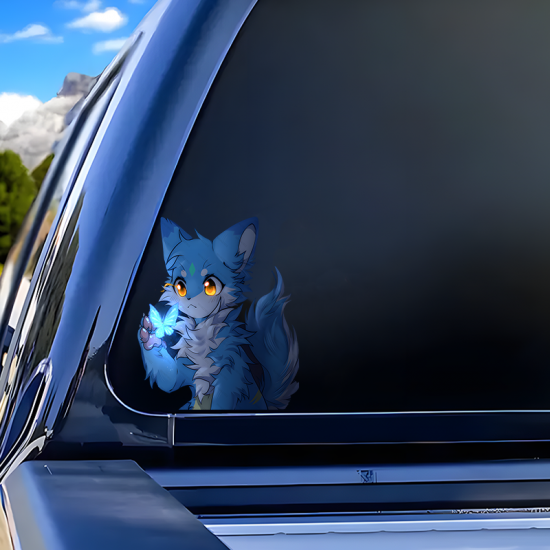 Blue Anime Fox with Butterfly Sticker, suitable for smooth surfaces like glass, mirrors, windows, and tiles. Vinyl car decals suitable for cars, motorcycles, laptops, computers, backpacks, water bottles, and more.