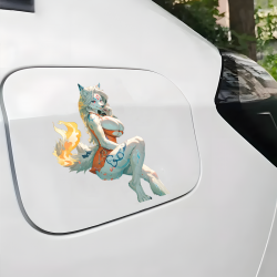 Anthro Wolf Girl with Sports Car Sticker, suitable for decorating envelopes, letters, and invitation cards. Vinyl car decals suitable for cars, motorcycles, laptops, computers, backpacks, water bottles, and more.
