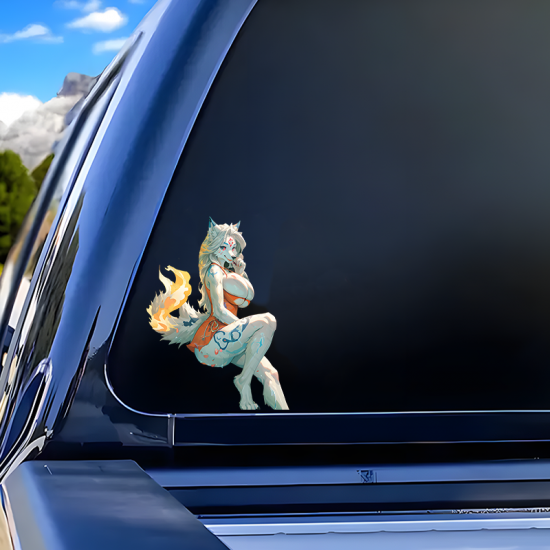 Anthro Wolf Girl with Sports Car Sticker, suitable for decorating envelopes, letters, and invitation cards. Vinyl car decals suitable for cars, motorcycles, laptops, computers, backpacks, water bottles, and more.