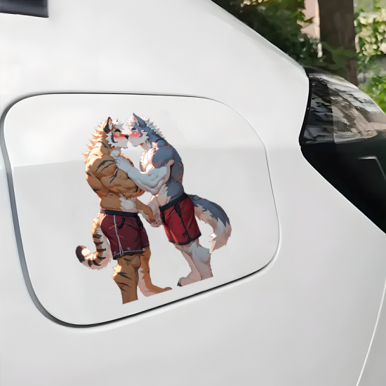 Furry Love: Tiger and Wolf Kiss Sticker, ideal for customizing your airpods case or headphone stand. Vinyl car decals suitable for cars, motorcycles, laptops, computers, backpacks, water bottles, and more.