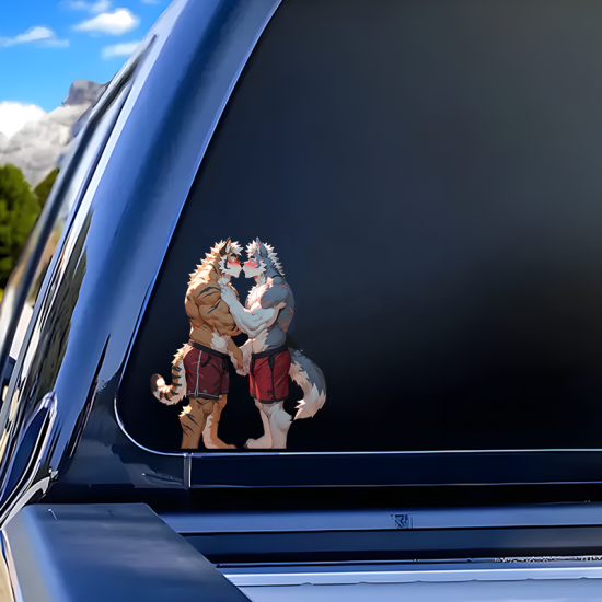 Furry Love: Tiger and Wolf Kiss Sticker, ideal for customizing your airpods case or headphone stand. Vinyl car decals suitable for cars, motorcycles, laptops, computers, backpacks, water bottles, and more.