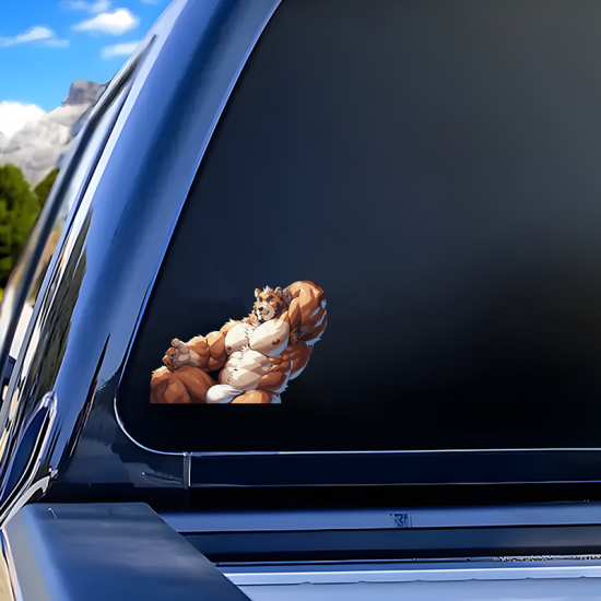 Muscular Bear Reclining Car Sticker Decal, ideal for motivational boards, vision boards, and wall art. Vinyl car decals suitable for cars, motorcycles, laptops, computers, backpacks, water bottles, and more.
