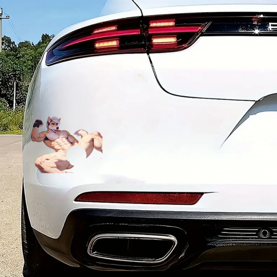 Furry Wolf Muscle Car Sticker/Decal, durable and weather-resistant, perfect for outdoor gear and vehicles. Vinyl car decals suitable for cars, motorcycles, laptops, computers, backpacks, water bottles, and more.
