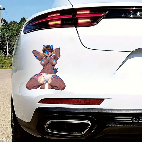 Furry Bikini Girl with Futuristic Car Sticker Decal, suitable for fixing up old furniture or adding flair to new items. Vinyl car decals suitable for cars, motorcycles, laptops, computers, backpacks, water bottles, and more.