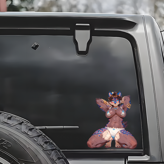 Furry Bikini Girl with Futuristic Car Sticker Decal, suitable for fixing up old furniture or adding flair to new items. Vinyl car decals suitable for cars, motorcycles, laptops, computers, backpacks, water bottles, and more.