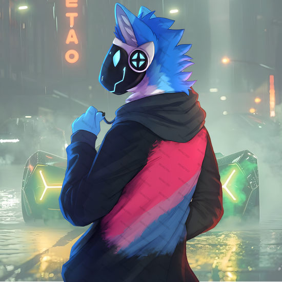 Cyberpunk Protogen in Cityscape Sticker, vibrant colors perfect for art projects, collages, and crafts. Vinyl car decals suitable for cars, motorcycles, laptops, computers, backpacks, water bottles, and more.