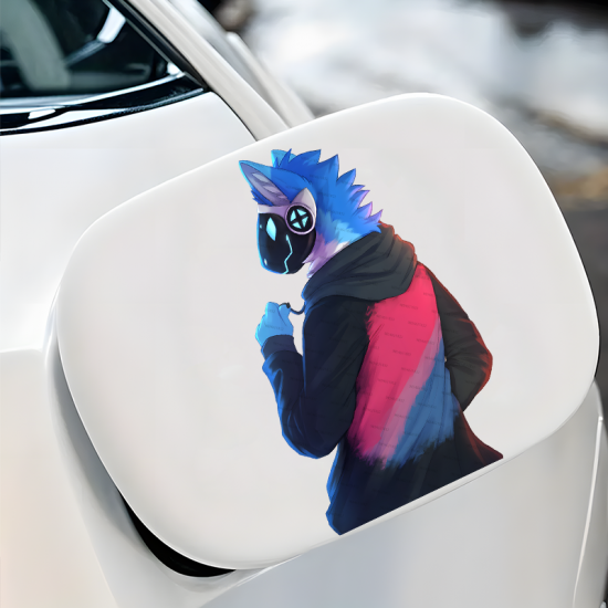 Cyberpunk Protogen in Cityscape Sticker, vibrant colors perfect for art projects, collages, and crafts. Vinyl car decals suitable for cars, motorcycles, laptops, computers, backpacks, water bottles, and more.