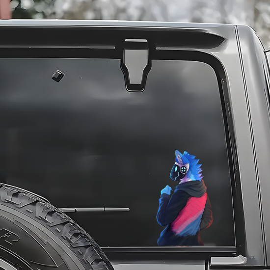 Cyberpunk Protogen in Cityscape Sticker, vibrant colors perfect for art projects, collages, and crafts. Vinyl car decals suitable for cars, motorcycles, laptops, computers, backpacks, water bottles, and more.