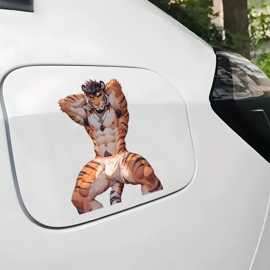 Tiger Furry Muscle Car Sticker Decal, residue-free removal, perfect for rented spaces and laptops. Vinyl car decals suitable for cars, motorcycles, laptops, computers, backpacks, water bottles, and more.