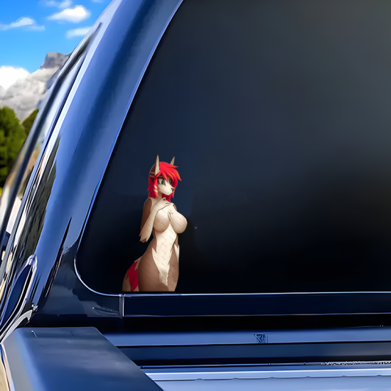 Anthro Wolf Girl with Sports Car Sticker, durable sticker for toolboxes, hard hats, and construction gear. Vinyl car decals suitable for cars, motorcycles, laptops, computers, backpacks, water bottles, and more.