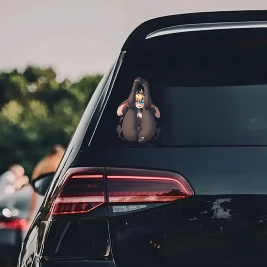 Bunny Boy Showing Off Sticker, suitable for adding character to your car's rear windshield. Vinyl car decals suitable for cars, motorcycles, laptops, computers, backpacks, water bottles, and more.