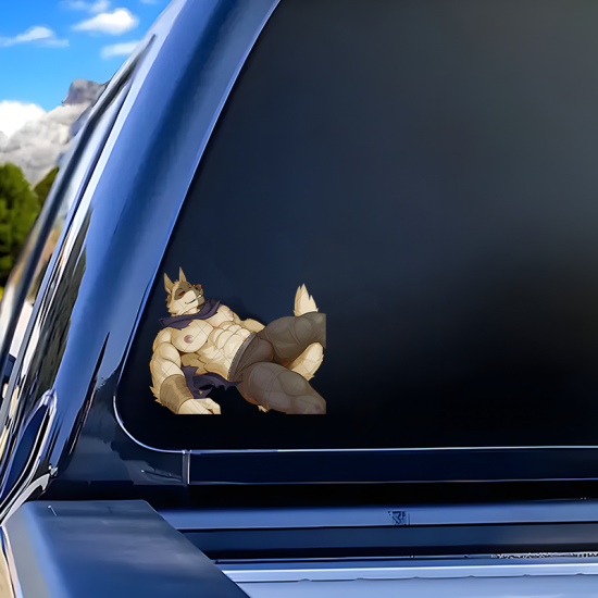 Muscular Furry Wolf Sticker - Car Background, vibrant colors perfect for art projects, collages, and crafts. Vinyl car decals suitable for cars, motorcycles, laptops, computers, backpacks, water bottles, and more.