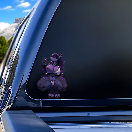Anthro Wolf Girl Bikini Sticker, weather-proof sticker for camping gear, coolers, and lanterns. Vinyl car decals suitable for cars, motorcycles, laptops, computers, backpacks, water bottles, and more.