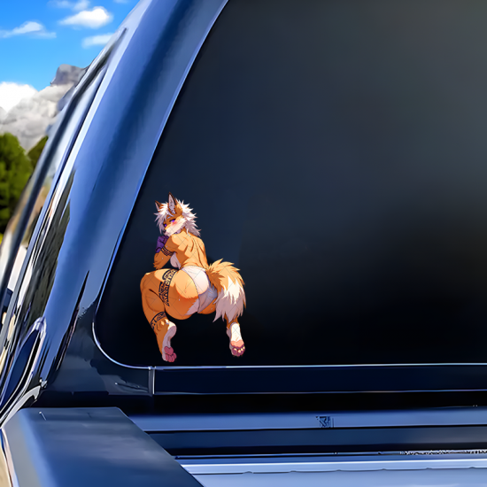 Sexy Furry Fox Girl with Sports Car Sticker, cool decal for skateboards, snowboards, surfboards, and longboards. Vinyl car decals suitable for cars, motorcycles, laptops, computers, backpacks, water bottles, and more.