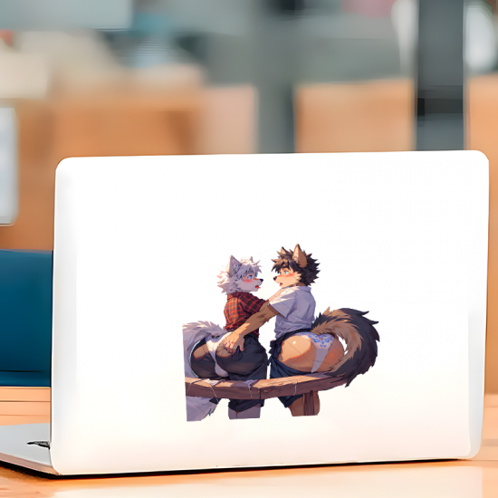 Furry Wolves Flirting Sticker, stylish addition to your iPad, Kindle, e-reader, and tablet cases. Vinyl car decals suitable for cars, motorcycles, laptops, computers, backpacks, water bottles, and more.