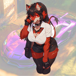 Red Furry Girl with Lamborghini Sticker, high definition print suitable for collectors and fans. Vinyl car decals suitable for cars, motorcycles, laptops, computers, backpacks, water bottles, and more.