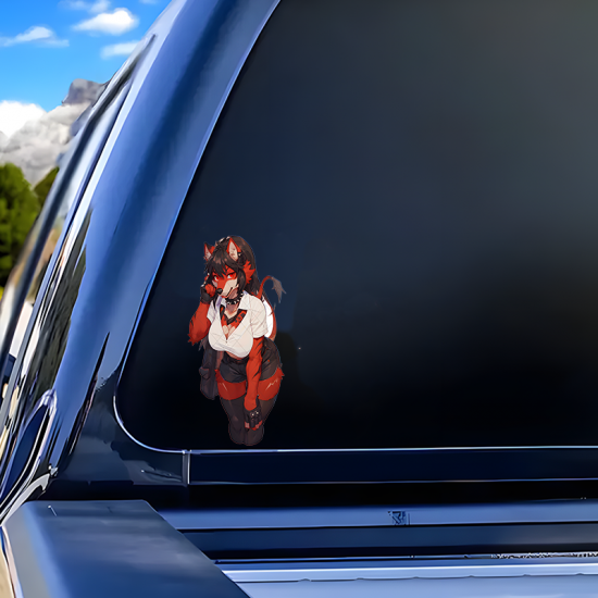 Red Furry Girl with Lamborghini Sticker, high definition print suitable for collectors and fans. Vinyl car decals suitable for cars, motorcycles, laptops, computers, backpacks, water bottles, and more.