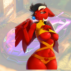 Red Demon Girl with Lollipop Car Decal, vibrant colors perfect for art projects, collages, and crafts. Vinyl car decals suitable for cars, motorcycles, laptops, computers, backpacks, water bottles, and more.