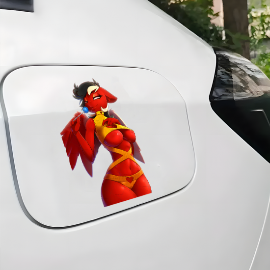 Red Demon Girl with Lollipop Car Decal, vibrant colors perfect for art projects, collages, and crafts. Vinyl car decals suitable for cars, motorcycles, laptops, computers, backpacks, water bottles, and more.