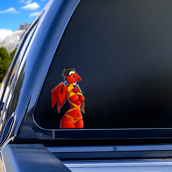 Red Demon Girl with Lollipop Car Decal, vibrant colors perfect for art projects, collages, and crafts. Vinyl car decals suitable for cars, motorcycles, laptops, computers, backpacks, water bottles, and more.