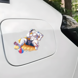 Furry White Tiger Beach Day Sticker, durable and weather-resistant, perfect for outdoor gear and vehicles. Vinyl car decals suitable for cars, motorcycles, laptops, computers, backpacks, water bottles, and more.